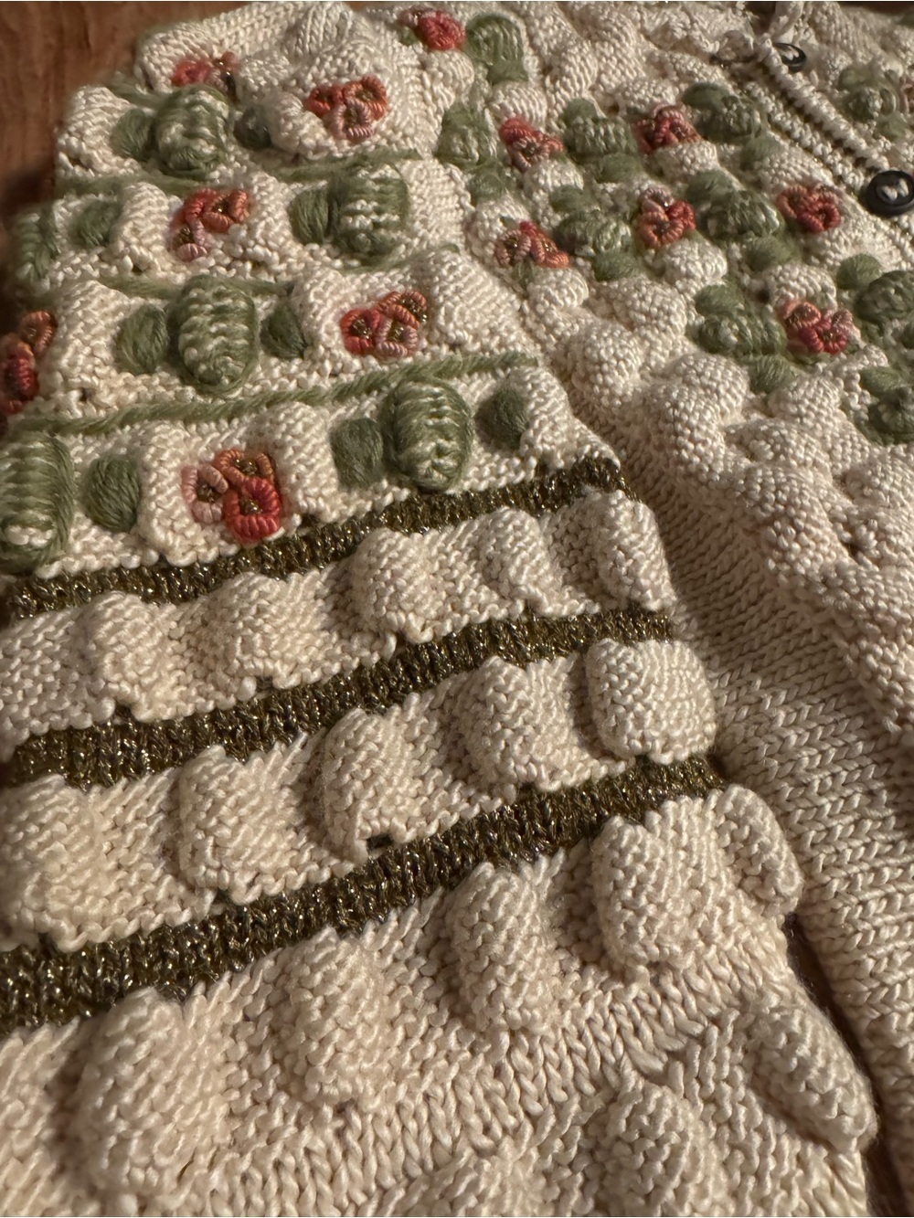 Hand-Knit Cream Floral Button-Front Sweater Cardigan - Picture 4 of 8